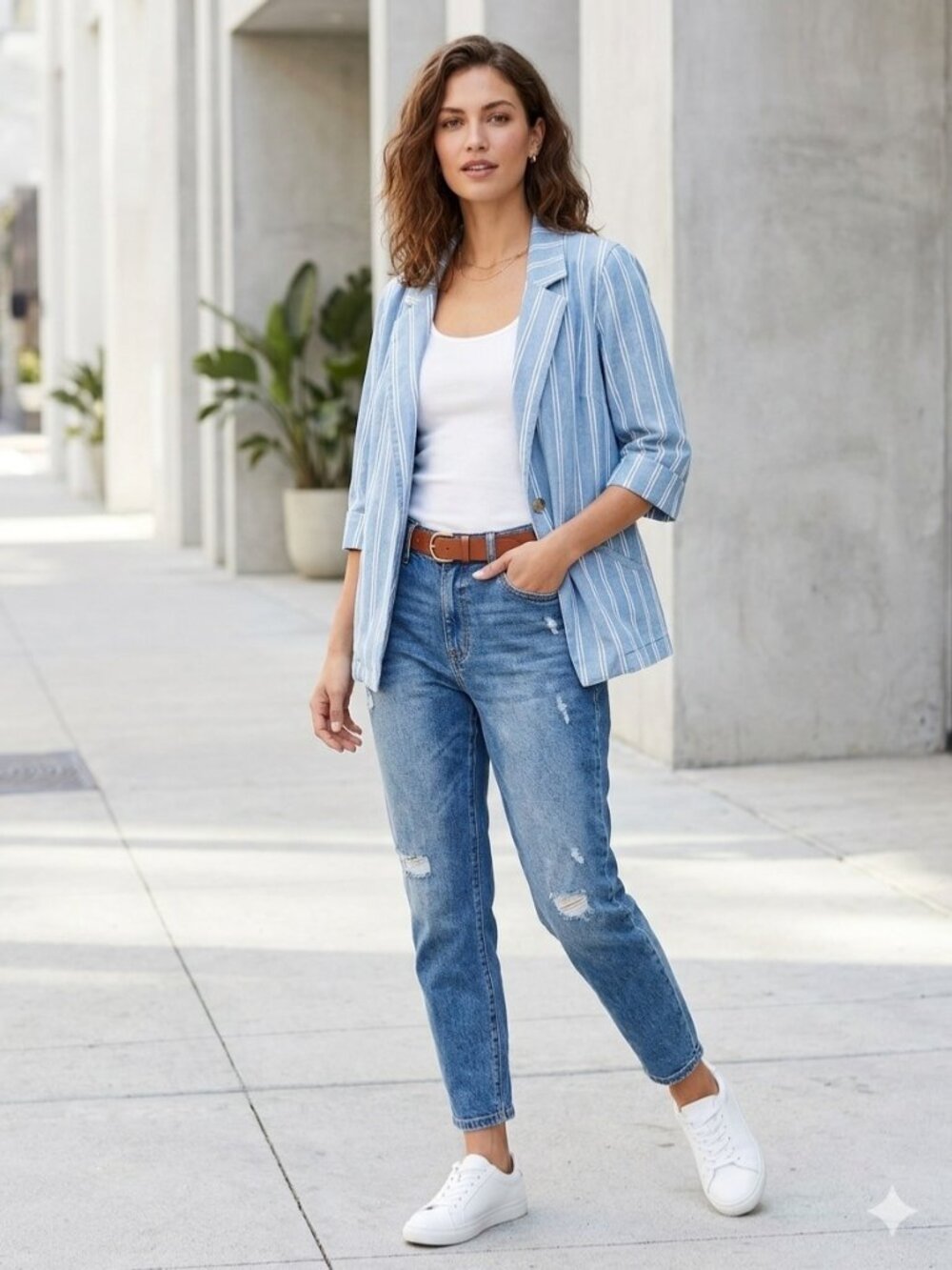 Chicos Upcycled Stripe 3/4 Blazer Blue Size 3 (XL) Coastal Preppy Beach Stripes